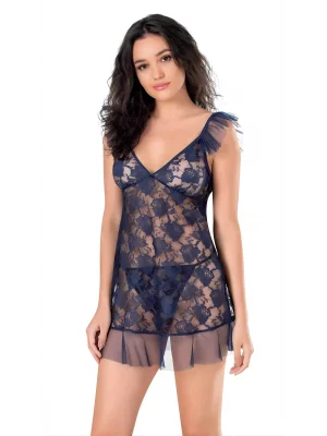 Luna Lora Lacivert Tül Mini Fantezi Gecelik Zarif Kadın Gece Elbisesi