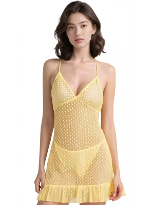 Luna Lora Sarı Tül Mini Fantezi Kadın Gecelik Zarif