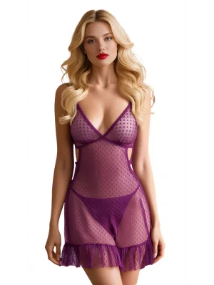 Luna Lora Mor Tül Mini Kadın Fantezi Gecelik Zarif