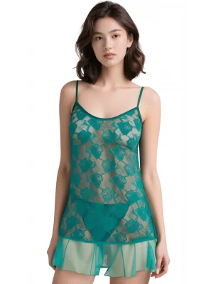 Luna Lora Zümrüt Tül Mini Gecelik Zarif Kadın Gece Elbisesi