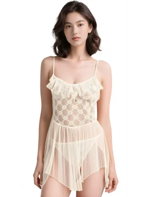 Luna Lora Fildişi Tül Mini Gecelik Zarif Kadın Gece Elbisesi