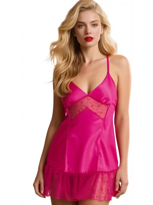 Luna Lora Fuşya Saten Mini Gecelik Zarif Kadın Gece Elbisesi