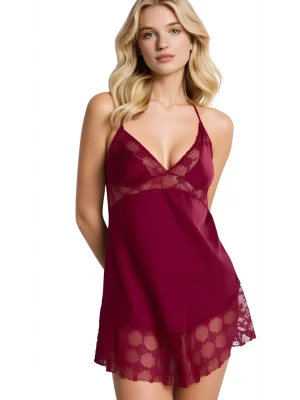 Luna Lora Bordo Saten Mini Gecelik Zarif Kadın Gece Elbisesi