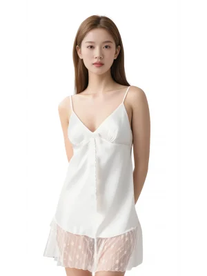 Luna Lora Ekru Saten Mini Gecelik Zarif Kadın Gece Elbisesi