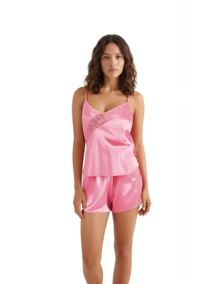 Luna Lora Koyu Pembe Saten Babydoll Şort Takımı Zarif Kadın Gece Giyim