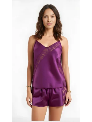 Luna Lora Mor Saten Babydoll Şort Takımı Zarif Kadın Gece Giyim