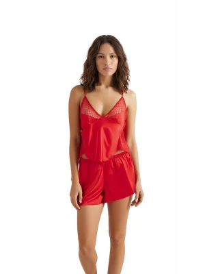 Luna Lora Kırmızı Saten Babydoll Şort Takımı Zarif Kadın Gece Giyim