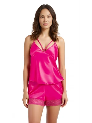 Luna Lora Fuşya Saten Babydoll Şort Takımı Zarif Kadın Gece Giyim