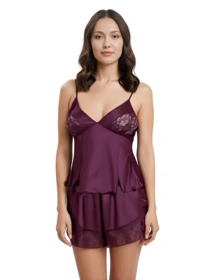 Luna Lora Mürdüm Saten Babydoll Şort Takımı Zarif Kadın Gece Giyim