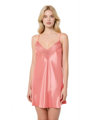 Luna Lora Mercan Saten Mini Gecelik Zarif Kadın Gece Elbisesi
