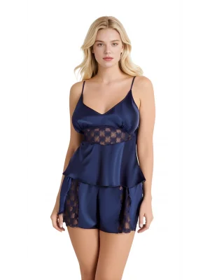 Luna Lora Lacivert Saten Babydoll Şort Takımı Zarif Kadın Gece Giyim