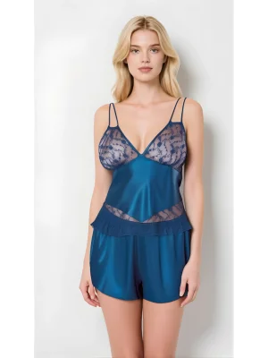 Luna Lora Petrol Mavisi Saten Babydoll Şort Takımı Zarif Kadın Gece Giyim