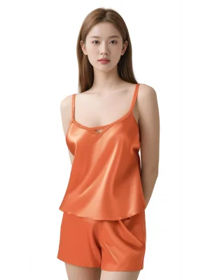 Luna Lora Oranj Saten Babydoll Şort Takımı Zarif Kadın Gece Giyim