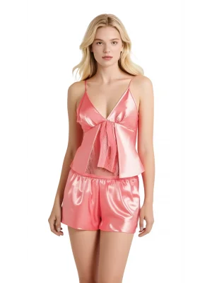 Luna Lora Mercan Saten Babydoll Şort Takımı Zarif Kadın Gece Giyim