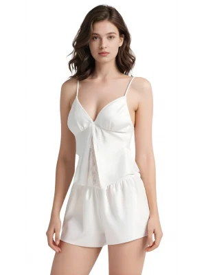 Luna Lora Ekru Saten Babydoll Şort Takımı Zarif Kadın Gece Giyim
