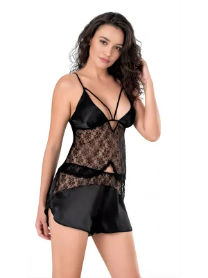 Luna Lora Siyah Saten Babydoll Şort Takımı Zarif Kadın Gece Giyim