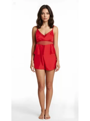 Luna Lora Kırmızı Saten Babydoll Şort Takımı Zarif Kadın Gece Giyim