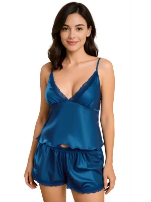 Luna Lora Petrol Mavi Saten Babydoll Şort Takımı Zarif Kadın Gece Giyim