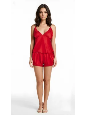 Luna Lora Kırmızı Saten Babydoll Şort Takımı Zarif Kadın Gece Giyim