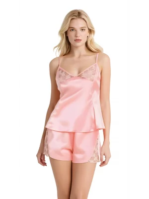 Luna Lora Somon Saten Babydoll Şort Takımı Zarif Kadın Gece Giyim