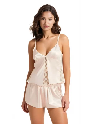 Luna Lora Fildişi Saten Babydoll Şort Takımı Zarif Kadın Gece Giyim