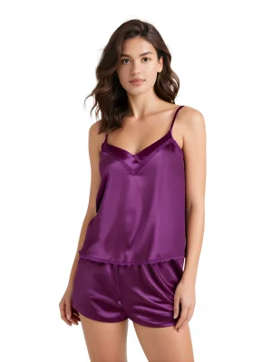 Luna Lora Mor Saten Babydoll Şort Takımı Zarif Kadın Gece Giyim