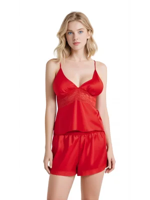 Luna Lora Kırmızı Saten Babydoll Şort Takımı Zarif Kadın Gece Giyim