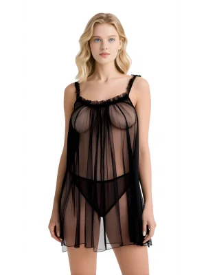 Luna Lora Siyah Tül Mini Gecelik Zarif Kadın Gece Elbisesi