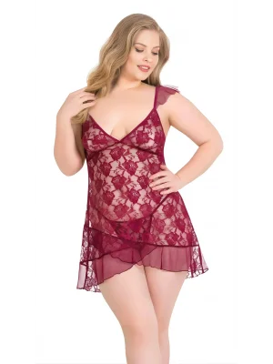Luna Lora Büyük Beden Bordo Tül Mini Gecelik Zarif Kadın Gece Elbisesi