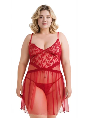 Luna Lora Büyük Beden Kırmızı Tül Mini Gecelik Zarif Kadın Gece Elbisesi