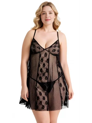 Luna Lora Büyük Beden Siyah Tül Mini Gecelik Zarif Kadın Gece Elbisesi