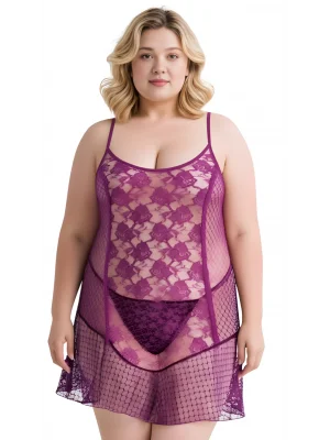 Luna Lora Büyük Beden Mor Tül Mini Gecelik Zarif Kadın Gece Elbisesi