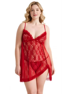 Luna Lora Büyük Beden Kırmızı Tül Mini Gecelik Zarif Kadın Gece Elbisesi