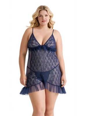 Luna Lora Büyük Beden Lacivert Tül Mini Gecelik Zarif Kadın Gece Elbisesi