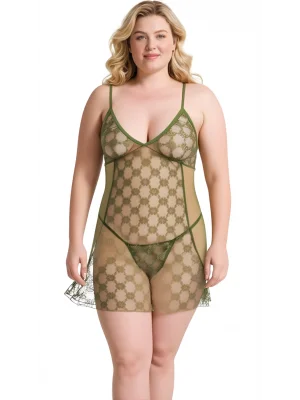 Luna Lora Büyük Beden Haki Tül Mini Gecelik Zarif Kadın Gece Elbisesi