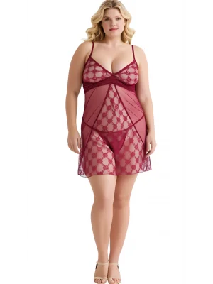 Luna Lora Büyük Beden Bordo Tül Mini Gecelik Zarif Kadın Gece Elbisesi