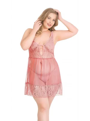 Luna Lora Büyük Beden Mercan Tül Mini Gecelik Zarif Kadın Gece Elbisesi