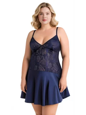 Luna Lora Büyük Beden Lacivert Saten Mini Gecelik Zarif Kadın Gece Elbisesi