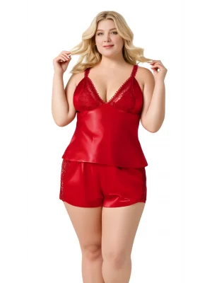 Luna Lora Büyük Beden Kırmızı Saten Babydoll Şort Takımı Zarif Kadın Gece Giyim