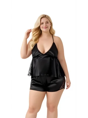 Luna Lora Büyük Beden Siyah Saten Babydoll Şort Takımı Zarif Kadın Gece Giyim