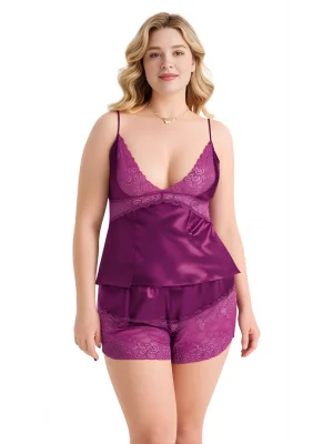 Luna Lora Büyük Beden Mor Saten Babydoll Şort Takımı Zarif Kadın Gece Giyim