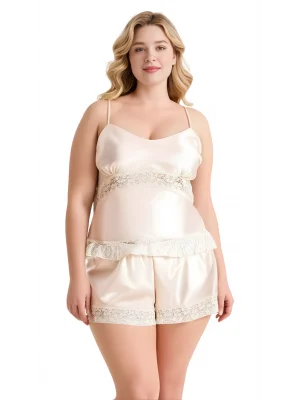 Luna Lora Büyük Beden Fildişi Saten Babydoll Şort Takımı Zarif Kadın Gece Giyim