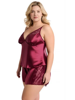 Luna Lora Büyük Beden Bordo Saten Babydoll Şort TakımI Zarif Kadın Gece Giyim