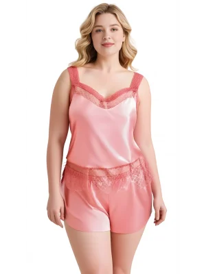 Luna Lora Büyük Beden Mercan Saten Babydoll Şort Takımı Zarif Kadın Gece Giyim