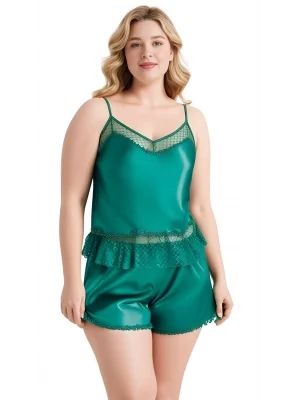 Luna Lora Büyük Beden Zümrüt Saten Babydoll Şort Takımı Zarif Kadın Gece Giyim