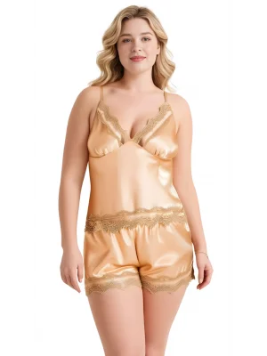 Luna Lora Büyük Beden Gold Saten Babydoll Şort Takımı Zarif Kadın Gece Giyim