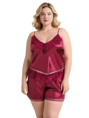 Luna Lora Büyük Beden Bordo Saten Babydoll Şort Takımı Zarif Kadın Gece Giyim