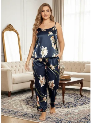 Büyük Beden Mavi Çiçek Desenli İnce Askılı Saten Pijama Takımı 2’li Kadın