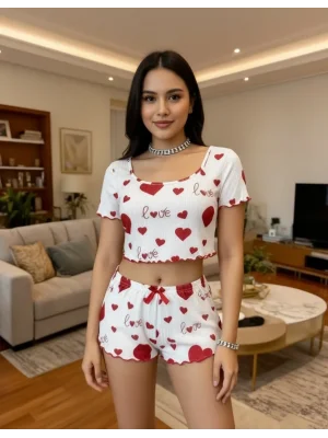 Kadın Beyaz Kırmızı Kalp Desenli Askılı Şortlu Pijama Takımı Rahat Ev Giyimi Özel Tasarım