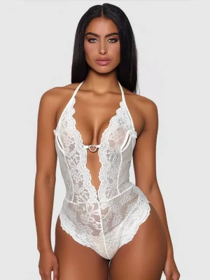 Kadın Beyaz Dantel Body Metal Kalp Aksesuarlı Fantezi İç Giyim Şık Özel Tasarım